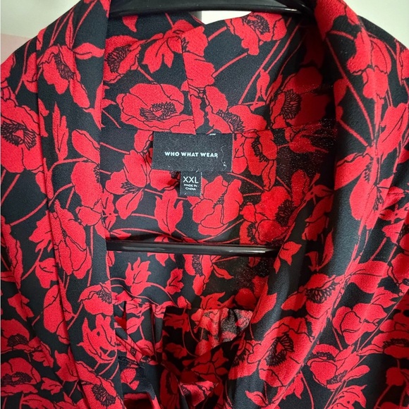 Who What Wear Red Poppies Black Tie Long Sleeve Button Up Blouse XXL - Picture 4 of 11